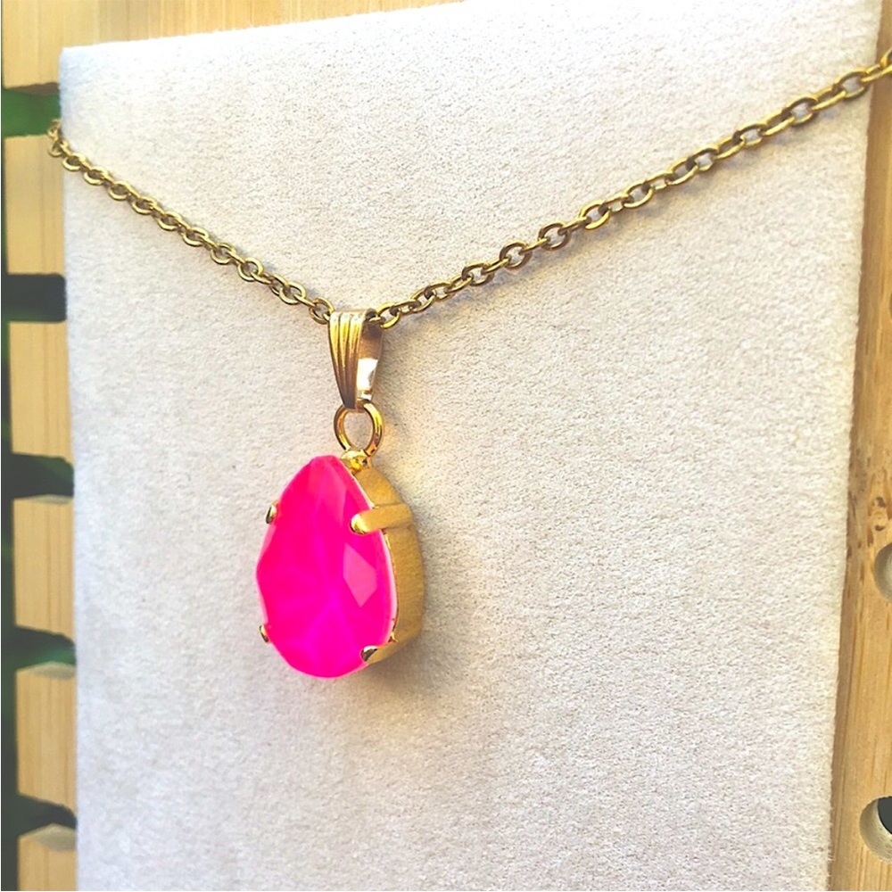 Hot Pink + Gold Pear Crystal Drop Pendant Necklace - Picture 2 of 5